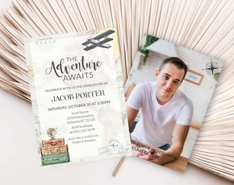 Adventure Awaits Graduation Invitation with picture travel theme Grad 2024 Map decoration for Graduation party theme Editable Printable 0011