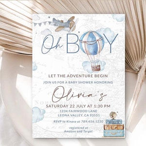 Oh boy Hot Air Balloon Baby Shower Invitation Blue Beige Adventure Awaits Baby Shower theme Travel themed Airplane baby shower Tan 0017a