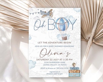 Oh boy Babyshower-inbjudan med luftballong, blå, beige, äventyr väntar, babyshower-tema, resetema, flygplan, babyshower, brun, 0017a