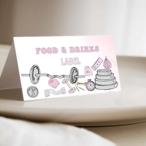 Etiqueta de buffet de aniversário editável One Strong Girl, modelo de etiquetas de comida e bebida para aniversário de 1ª menina, tema de ginástica Strong One Fitness 0105