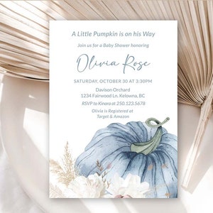 blue Pumpkin Baby Shower boy invitation Little Pumpkin is on his way Invite Fall minimalist Baby shower Invite Editable baby Shower 0054