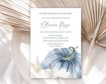 invitación azul Pumpkin Baby Shower boy Little Pumpkin está en camino Invitar Otoño minimalista Baby shower Invitar Baby Shower editable 0054