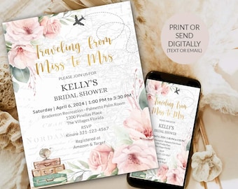 Adventure awaits Bridal shower Travel theme bridal Bridal Shower Pink floral bridal shower Traveling Miss to Mrs Editable Digital PLN2