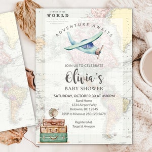 Bewerkbaar vliegtuig babyshower reisthema Bereid je voor op landing binnenkort Babyshower Babyshower tijdens de vlucht Vintage vliegtuigjongen babyshower GR1