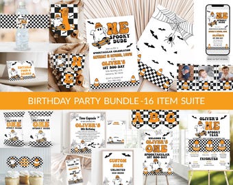 May include: A collection of Halloween-themed party supplies. The designs feature a ghost character on a skateboard, with orange and black accents. Includes invitations, banners, and signs. The text reads "Oliver's 1st Boo-Day".
