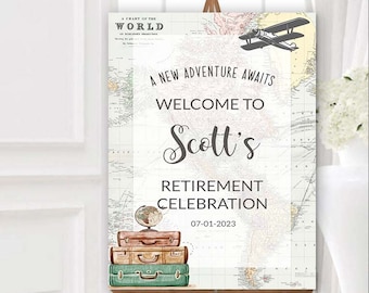 Welcome sign Retirement Travel theme Printable sign Around the World Travel Adventure Theme Airplane Adventure Awaits Retirement Poster 0011