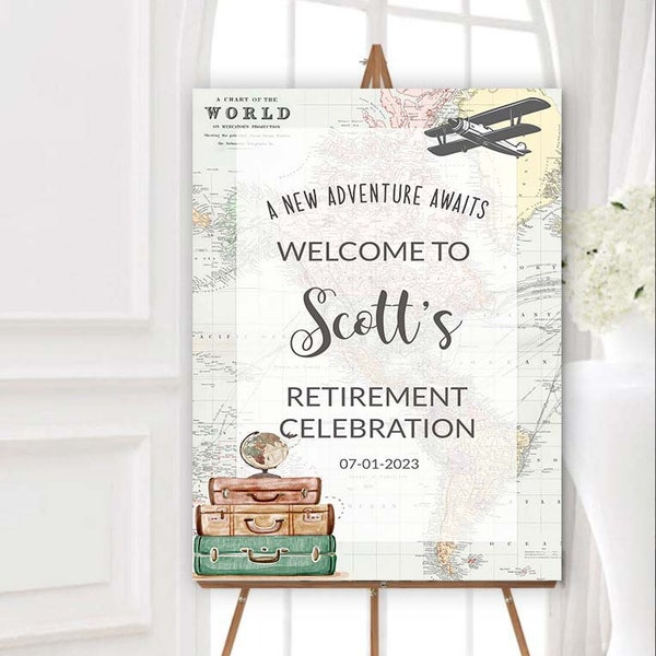 Welcome sign Retirement Travel theme Printable sign Around the World Travel Adventure Theme Airplane Adventure Awaits Retirement Poster 0011