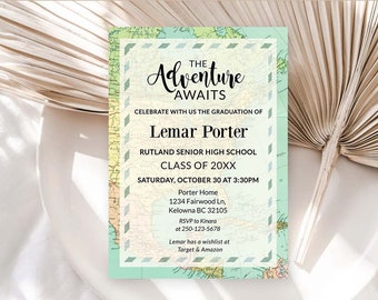 Adventure Awaits Graduation Invitation with picture travel theme Grad 2024 Map decoration for Graduation party theme Editable Printable BRT1