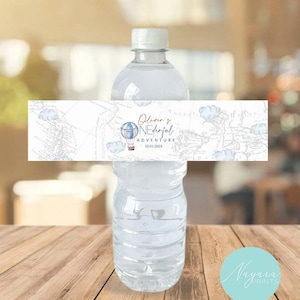 Etiquetas de botellas de agua imprimibles Tema de viaje 1er cumpleaños Primer cumpleaños Aventura botella personalizada Globo aerostático Cumpleaños de niño 0017