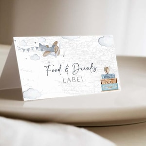 Lebensmitteletiketten Flugzeug bearbeitbar druckbar grau beige Karte Abenteuer erwartet Onederful Geburtstag Reise unter dem Motto Flugzeug Baby Shower Up Away 0018