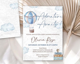 May include: A baby shower invitation featuring a blue and white hot air balloon, clouds, and suitcases. The text reads "Adventure Awaits!" and "Olivia Rose".