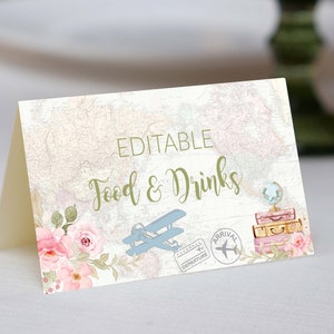 Reisthema Babyshower Voedseletiketkaart Blush Pink Avontuur wacht op Babyshowerthema Vliegtuig Babyshower Afdrukbare bewerkbare Corjl 0062