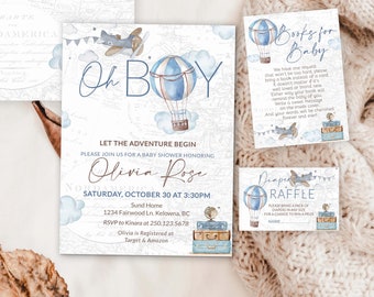 Oh boy, babyshowerinbjudningspaket med luftballong, blått och beige, äventyr väntar, babyshower med resetema, flygplan, brunt 0017a
