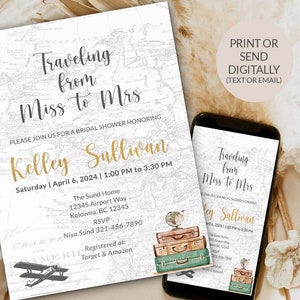 Adventure Awaits Bridal Shower Travel themed Destination Wedding Traveling to Mrs Printable or Paperless Invitation Editable Template  PLN1