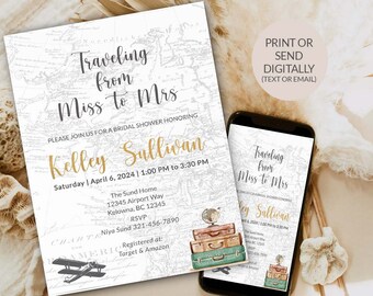 Adventure Awaits Bridal Shower Travel themed Destination Wedding Traveling to Mrs Printable or Paperless Invitation Editable Template  PLN1