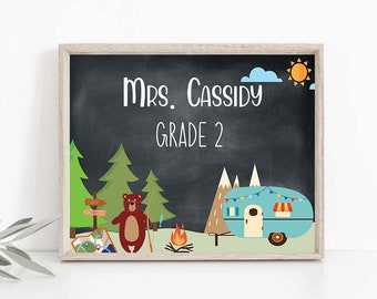 Editable Camp theme Classroom Door Sign Camping Outdoor Adventure Themed Personalized Teacher Name sign Custom Teacher Instant Download