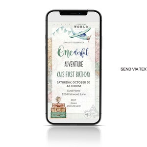 Eerste verjaardag digitale uitnodiging Onederful verjaardag mobiele uitnodiging 1e verjaardag World Travel Adventure vliegtuig verjaardag e-mailuitnodiging GR1