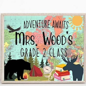 Abenteuer Willkommen im Klassenzimmer Türschild Weltkarte Individuelle Lehrer Namensschild, Outdoor-Thema Klassenzimmer Poster Erkunden Lernen Wachsen Druckbar