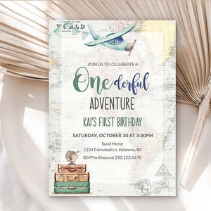 Eerste verjaardagsuitnodiging, Onederful verjaardag afdrukbare uitnodiging, 1e verjaardag World Travel Adventure thema Onederful, vliegtuig verjaardag GR1