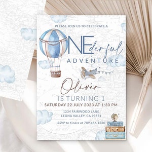 First Birthday Invitation What a Onederful Birthday Printable invite 1st Birthday Adventure Theme Onederful Hot Air Balloon birthday 0017