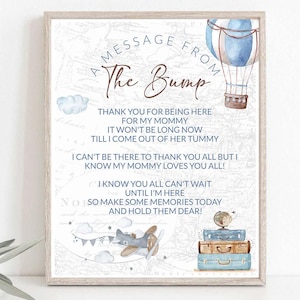 Hot Air Balloon Baby Message from the Bump Boy Baby Shower Welcome message Adventure Awaits Travel themed Airplane Baby Shower 0017