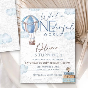 What a Onederful World Birthday invitation Imprimable inviter 1er anniversaire inviter Adventure Theme Hot Air Balloon anniversaire Mr Onederful 0017