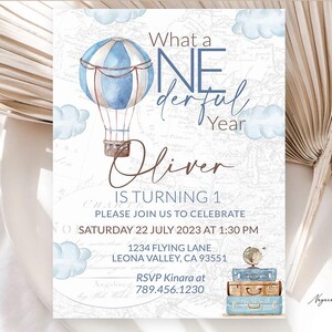 First Birthday Invitation What a Onederful Year birthday Printable invite 1st Birthday Adventure Themed Hot Air Balloon birthday 0017