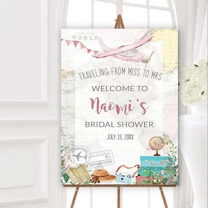 Editable Traveling from miss to mrs Welcome Poster Printable Adventure Awaits Bridal Shower Sign Destination Wedding Entrance Signage GR2