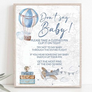 Don&#39;t say Baby Game Hot Air Balloon Baby Shower Boy Baby Shower Games and Activities Adventure Awaits Baby Shower Travel themed 0017a