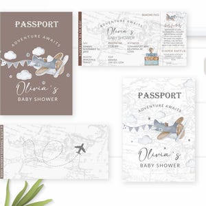 Bewerkbare instapkaart uitnodiging vliegtuig babyshower vintage bestemming reizen thema paspoort uitnodigen kleine reiziger landing binnenkort 0018