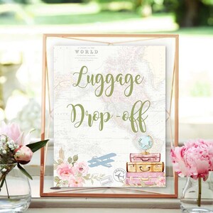 Reisthema babyshower bagage drop-off Blush roze avontuur wacht op babyshower thema vliegtuig babyshower afdrukbare Instant Download 0062