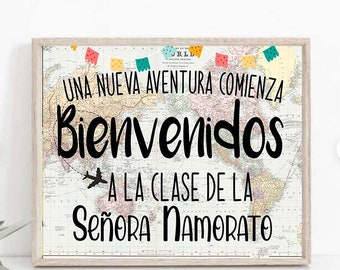 Editable Spanish Teacher Classroom Door Sign Bienvenidos Classroom Decor Custom Teacher Welcome Sign Printable Teacher Name Poster TEA01