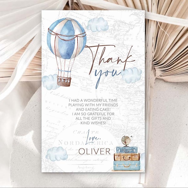 Printable Thank You Onederful Travel theme 1st birthday First birthday Adventure Editable Thankyou cards Hot air balloon Boy birthday 0017