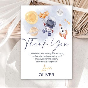 Editable Astronaut Thank You Template Outer Space Birthday Photo Thank you Card Printable First Birthday space theme 1st boy birthday 0040