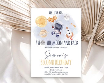 May include: A birthday invitation with a watercolor illustration of an astronaut, planets, and a rocket ship. The text reads "We love you" and "Two the moon and back." The invitation is for Simon's second birthday.