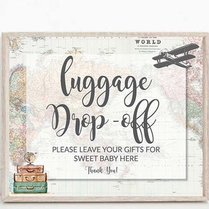 Dépôt de bagages sur le thème du voyage pour baby shower, l'aventure vous attend pour une baby shower vintage, avion, décoration de fête, carte du monde, Up and Away, imprimable 0011