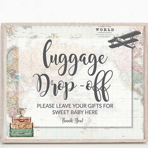 Luggage drop off Sign, travel theme baby shower, Adventure Baby Shower, Traveling to Mrs bridal shower, Adventure Awaits Retirement, 0011