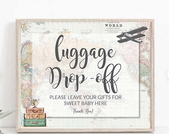 Luggage drop off  travel theme baby shower Adventure Awaits Baby Shower Vintage Airplane Party Decor World Map Up Up and Away Printable 0011