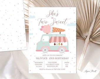 Summer Birthday Ice Cream Truck Birthday Party Invitation Ice Cream Two Sweet Girl 2nd Birthday Party Girl Second Bday Party Printable 0069