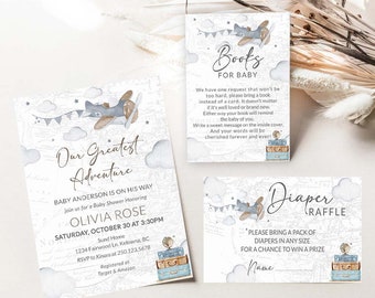 May include: Baby shower invitation set with a vintage travel theme. The set includes an invitation, a book request card, and a diaper raffle card. Each card features a watercolor airplane, clouds, and a world map background.