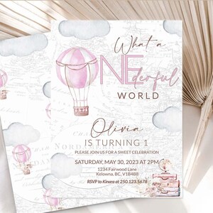 What a Onederful World Birthday invitation 1st Birthday invite Printable Adventure Theme Pink Hot Air Balloon Miss Onederful Birthday 0049