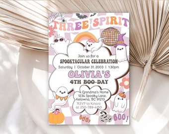 Editable Third Birthday Spooky Vibes Halloween Invitation Retro Groovy Pink Ghost Birthday Hippie Halloween Party Girl Ghost Invite 0051