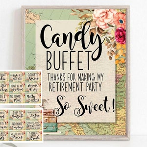 Retirement Candy Buffet Labels Candy Table Retirement Party Adventure Awaits Travel theme Retirement Sweet Bar Ideas Printable Download