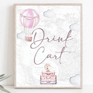 Wydrukowany znak wózka na napoje Różowy balon na gorące powietrze Baby Shower Plakat na temat podróży Baby Shower Vintage Adventure czeka CYFROWE POBIERANIE 0049