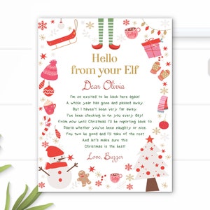 Carta de llegada de elfo por primera vez editable Elfo de Navidad rosa Elfo de regreso Elfo de Navidad de bienvenida Plantilla imprimible de Papá Noel 0070