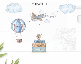 Printable Files PNG Travel Party Clipart Airplane Party Images Party Decor Adventure Transparent Image Files Blue Hot air balloon Clipart