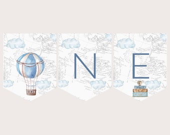 May include: A blue and white hot air balloon, the letter "N" and the letter "E" on a white background with a map pattern. The letters are blue and the background is white with a light blue cloud pattern. The hot air balloon is in the leftmost section of the image, the letter "N" is in the middle section, and the letter "E" is in the rightmost section. The letters are part of the word "ONE".