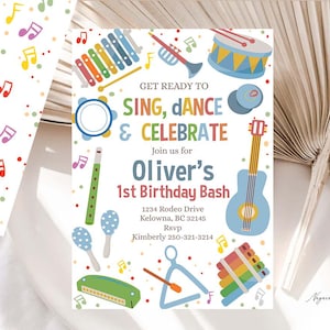 May include: A vibrant invitation for Oliver's 1st birthday party, featuring musical instruments such as a guitar, drum, and xylophone. The text says "Sing, Dance & Celebrate". The invitation includes event details.