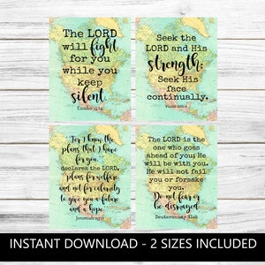 May include: Four printable cards with a vintage world map background and inspirational bible verses. The verses are: "The LORD will fight for you while you keep silent." (Exodus 14:14), "Seek the LORD and His strength: Seek His face continually." (Psalm 105:4), "For I know the plans I have for you," declares the LORD, "plans for welfare and not for calamity to give you a future and a hope." (Jeremiah 29:11), and "The LORD is the one who goes ahead of you; He will be with you. He will not fail you or forsake you. Do not fear or be dismayed." (Deuteronomy 31:8).
