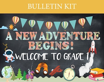 Adventure Awaits Bulletin Board Kit Cutouts Printable Travel Classroom Bulletin Board Adventure themed classroom Elementary school Welcome
